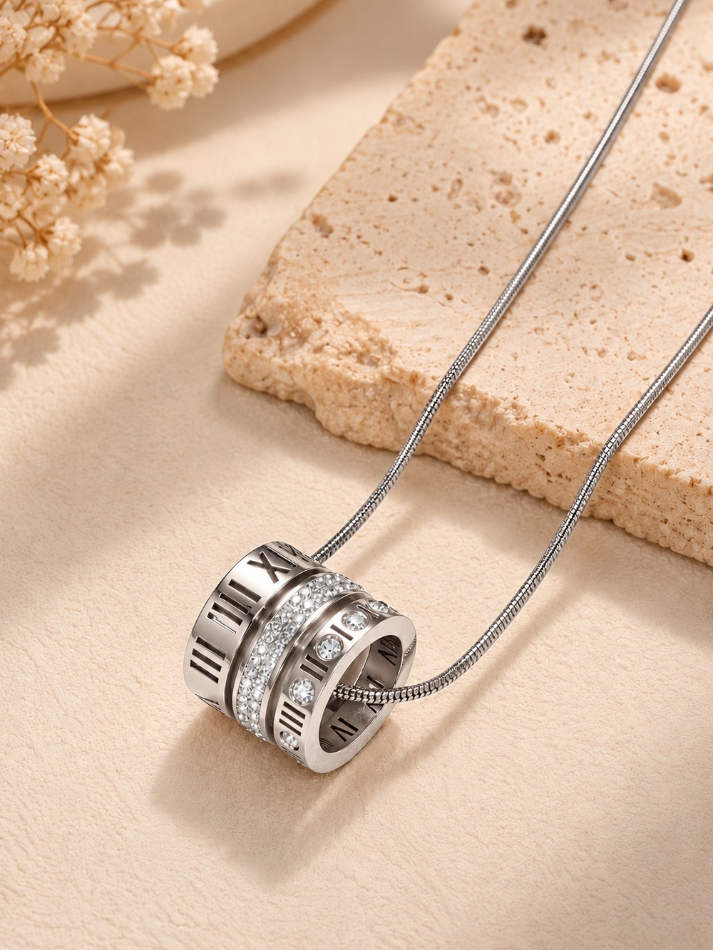 Elegant Silver Roman Numeral Ring Pendant Necklace